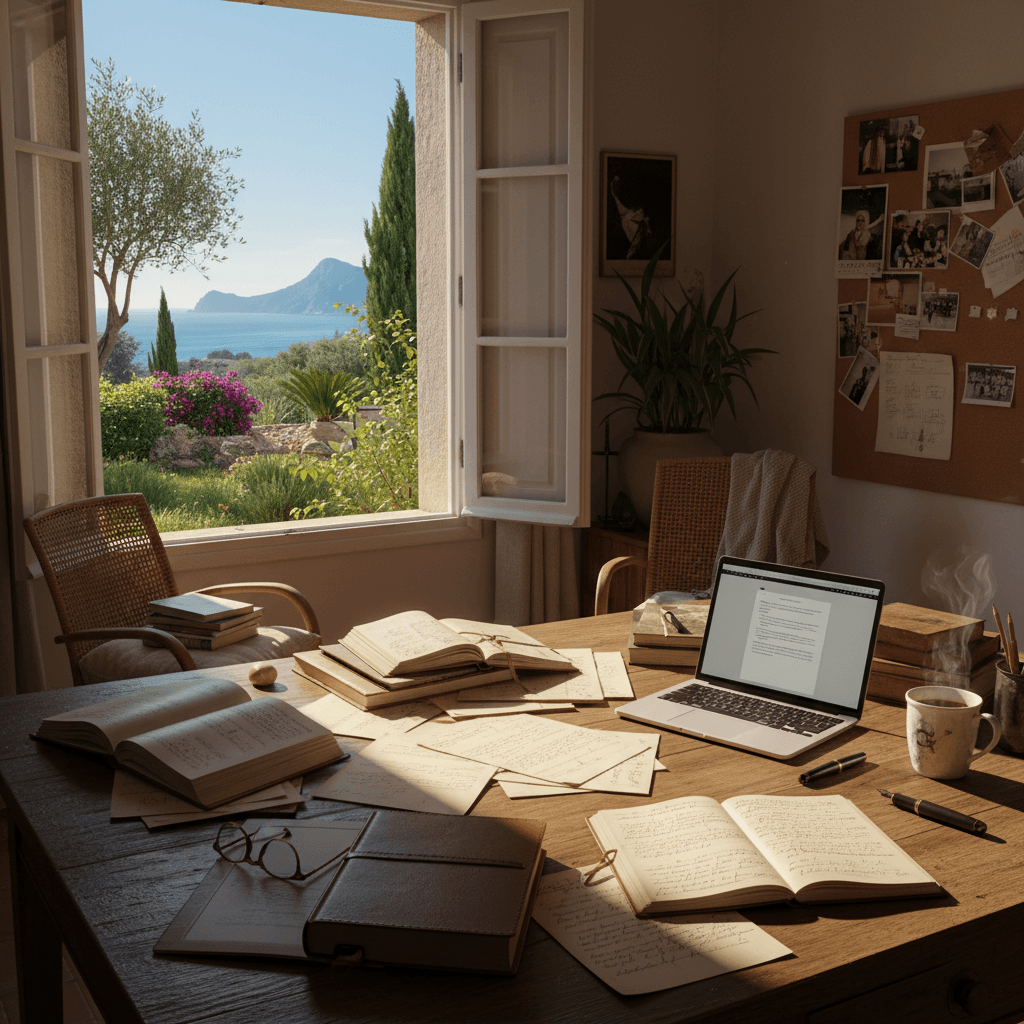 Creative workspace with notes and a view of Mediterranean gardens