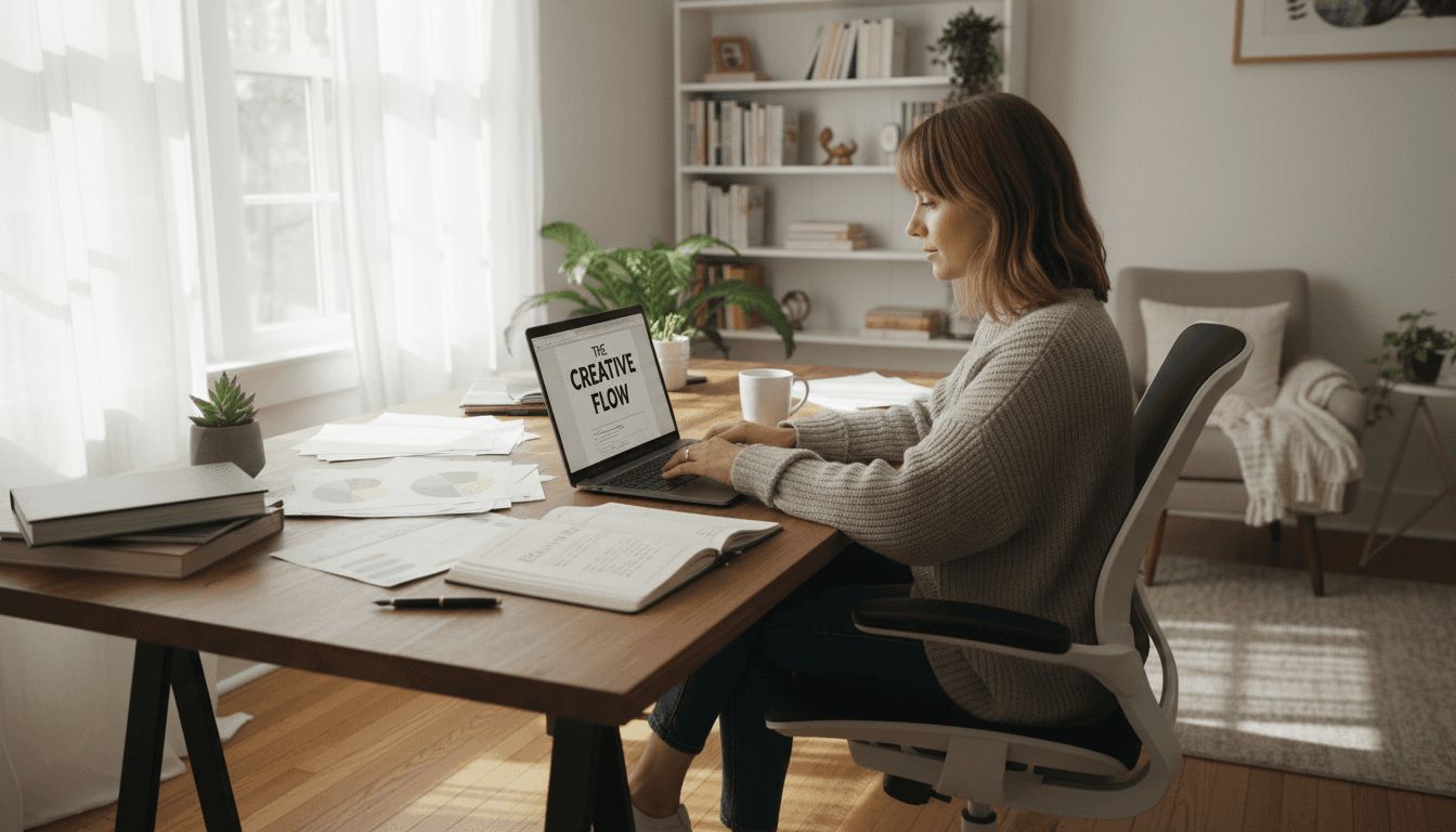 Escritora independiente trabajando en su escritorio con laptop y cuaderno en una oficina luminosa