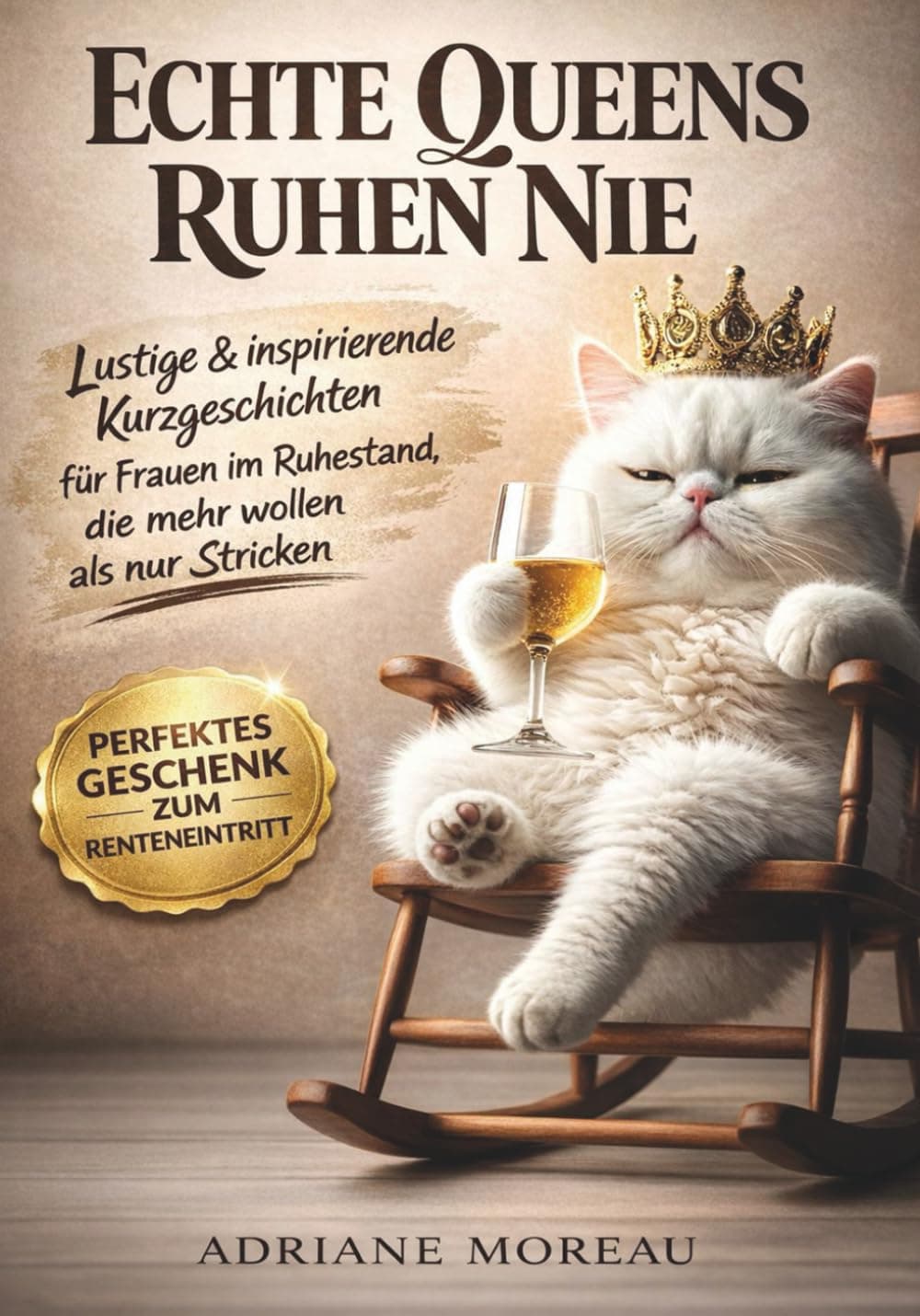 Gato blanco con corona dorada sentado en una mecedora con una copa de vino.