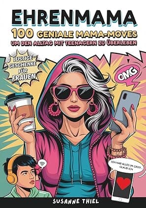 Portada de libro estilo pop art con una madre moderna sosteniendo café y un móvil.