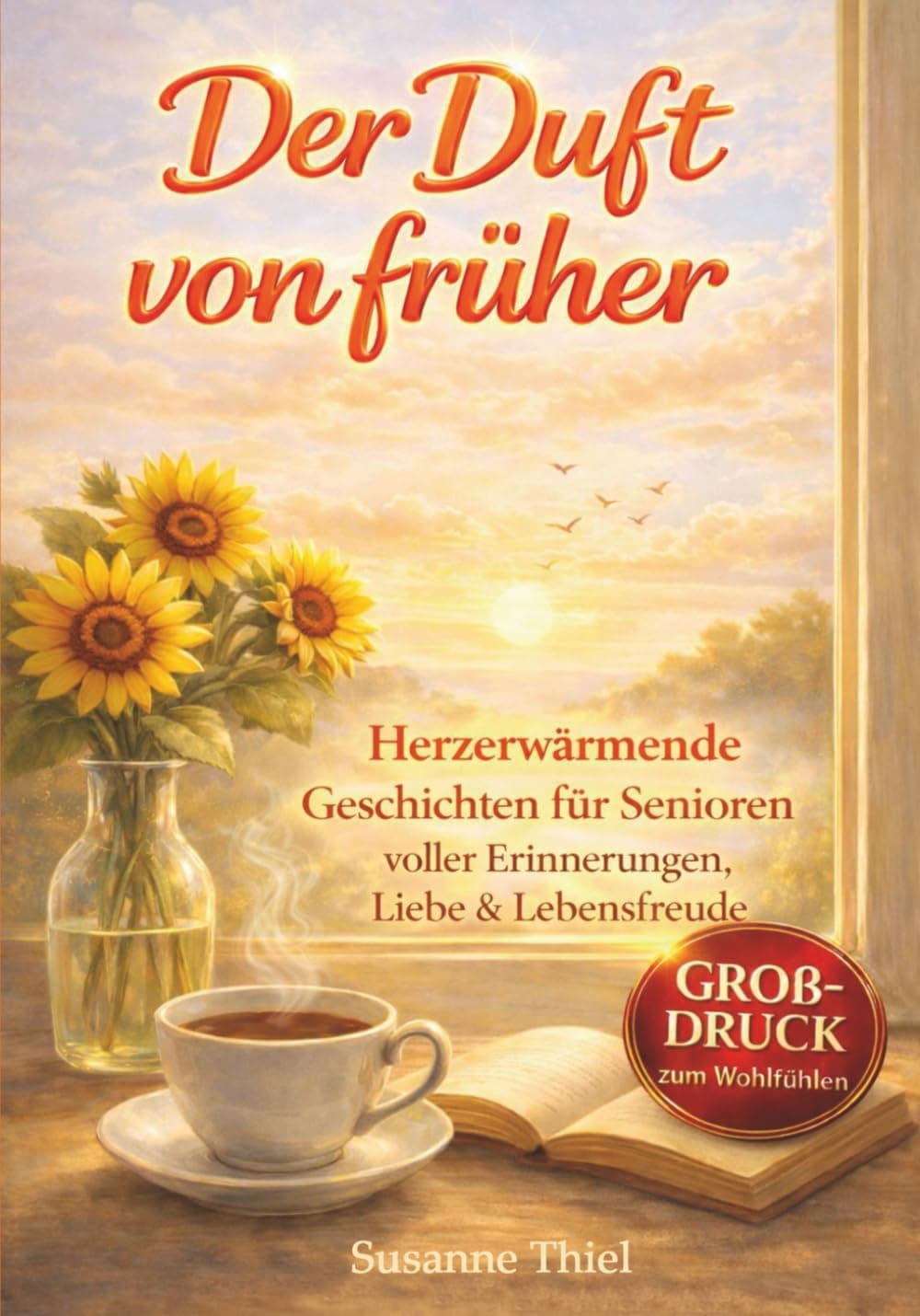 Portada de libro con girasoles, café humeante y un libro abierto frente a un atardecer.