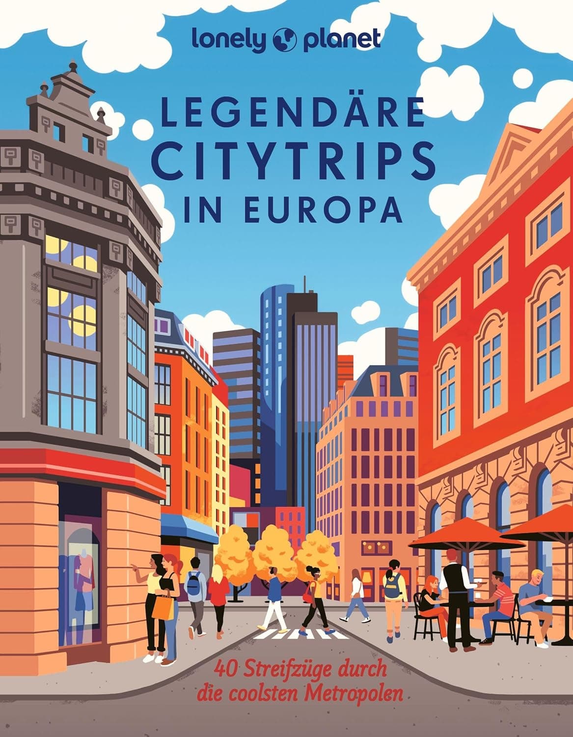 Portada ilustrada de Lonely Planet que muestra una calle europea colorida con gente y edificios.