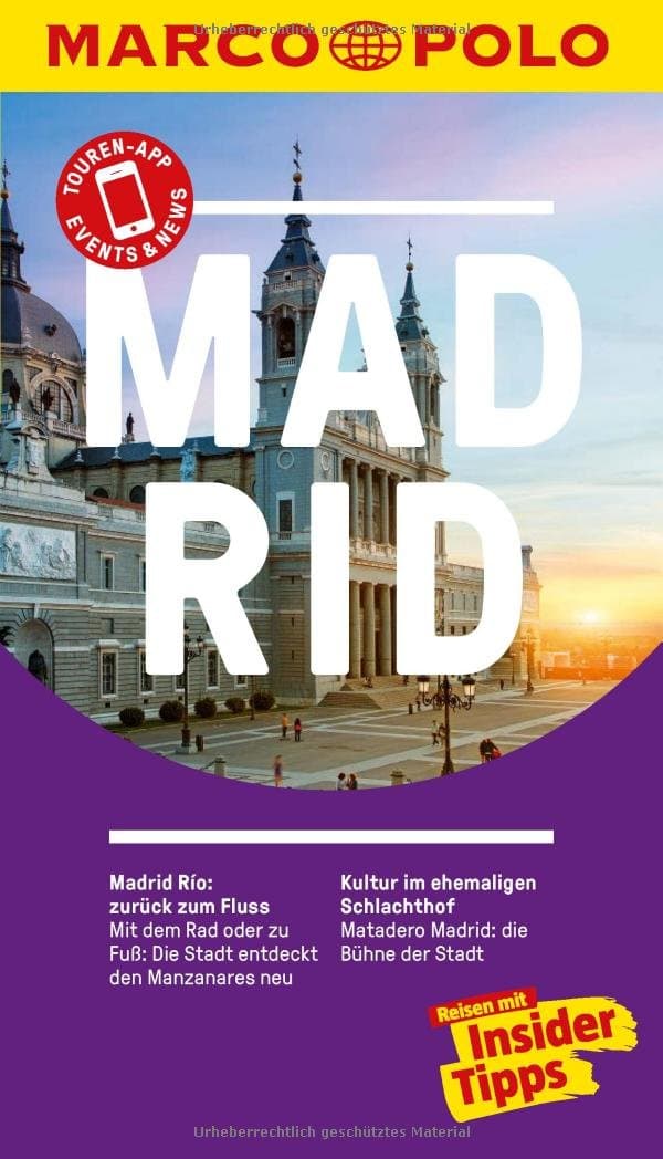 Portada de guía Marco Polo de Madrid con la Catedral de la Almudena al atardecer.