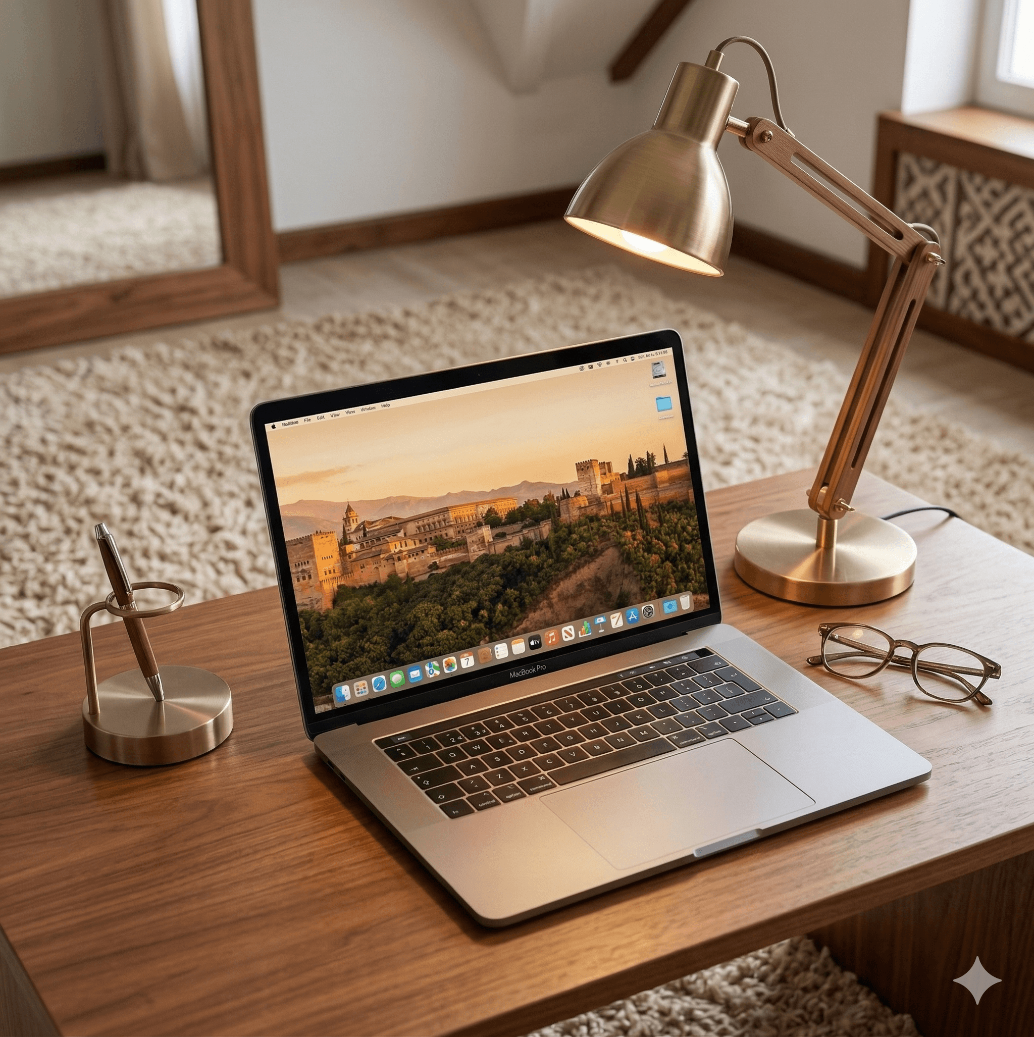 MacBook Pro sobre escritorio de madera con lámpara dorada, gafas y fondo de la Alhambra.