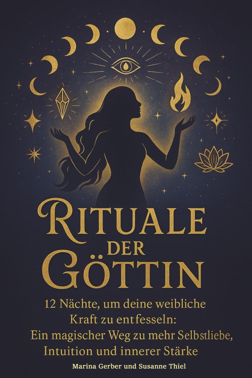 Silueta femenina dorada con símbolos místicos en la portada del libro Rituale der Göttin.